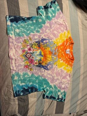 Colorful Tie-Dye Graphic Tee with Sunburst & Floral Motif